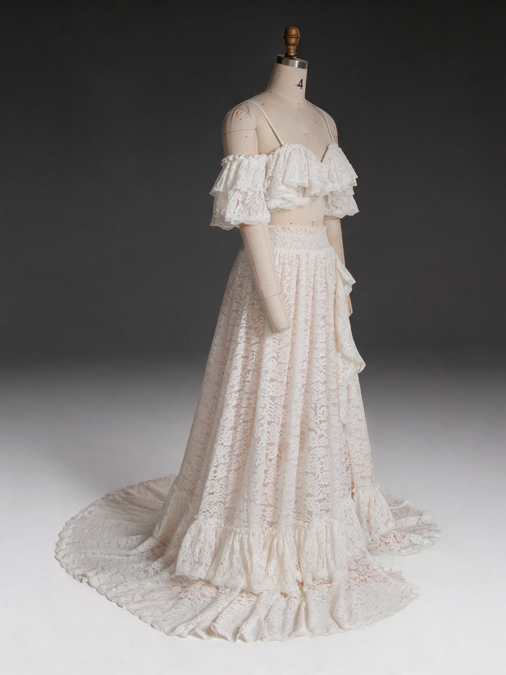 Ivory Lace Two-Piece Off-Shoulder Wedding Dress with High Slit Ruffle Skirt