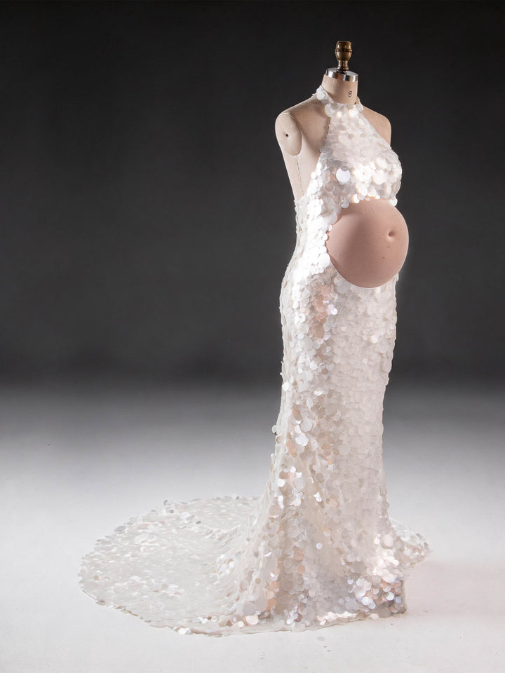 Halter Cutout Belly Sequin Maternity Baby Shower Dress YW2609233