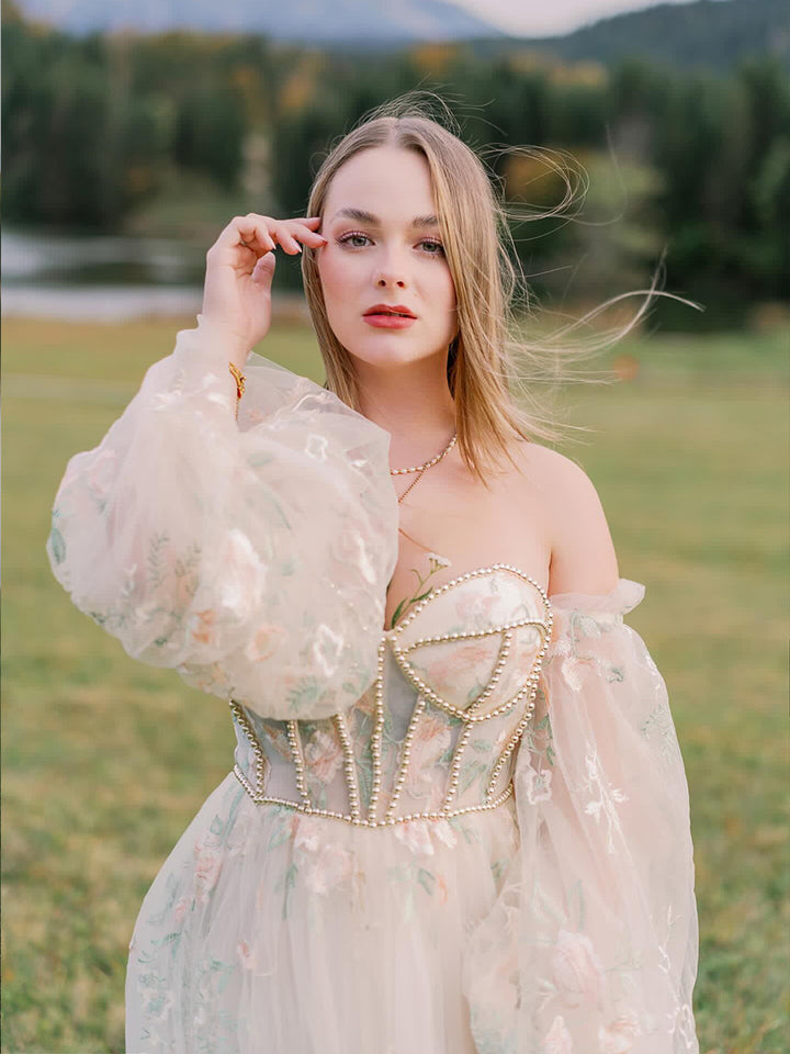 Strapless Long Sleeves Embroidery Floral Wedding Dresses with Color Beading Pearls Dress Photo Shoots Gowns YW230306