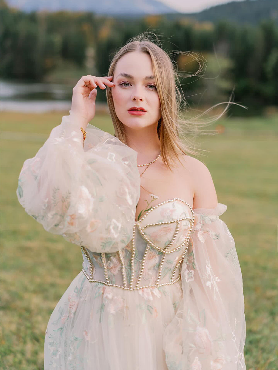 Strapless Long Sleeves Embroidery Floral Wedding Dresses with Color Beading Pearls Dress Photo Shoots Gowns YW230306 16 / Custom Color Strapless Long Sleeves Embroidery Floral Wedding Dresses with Color Beading Pearls Dress Photo Shoots Gowns YW230306 16 / Custom Color