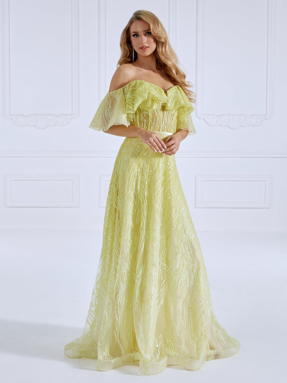 yellow prom dress off the shoulder Yellow Tulle Long A-Line Prom Dress, Off the Shoulder Evening Party Dr