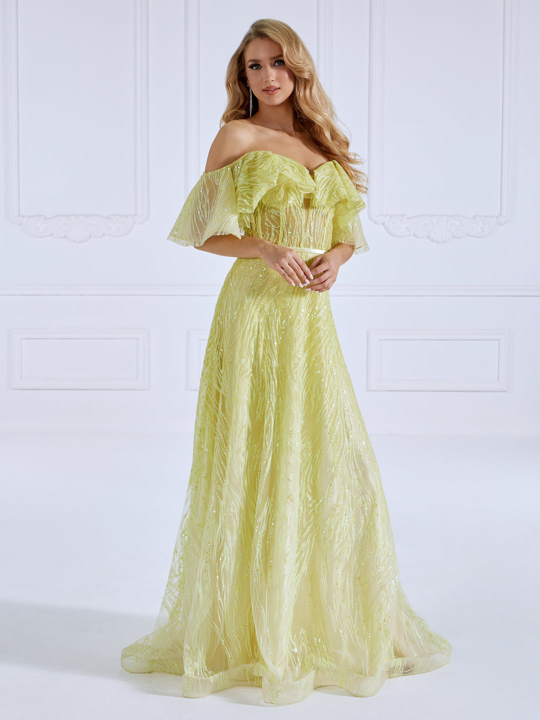 Glitter Off The Shoulder A line Gown Yellow Prom Dresses #17595 Glitter Off The Shoulder A line Gown Yellow Prom Dresses #17595