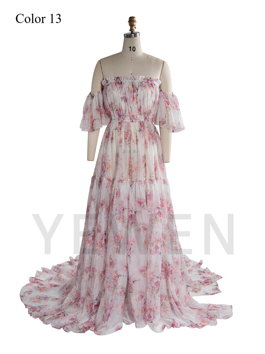 Summer Chiffon Print Maternity Dress for Photo Shoot Photography Woman Maxi Gwon YW230317-1