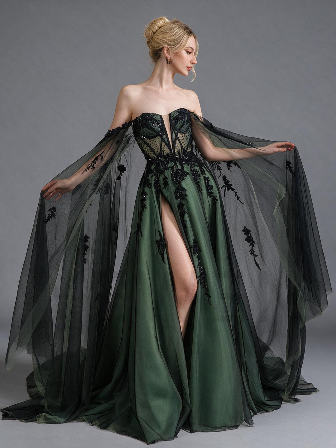 Strapless Sheer Lace Bodice Floral Evening Gown YX26101