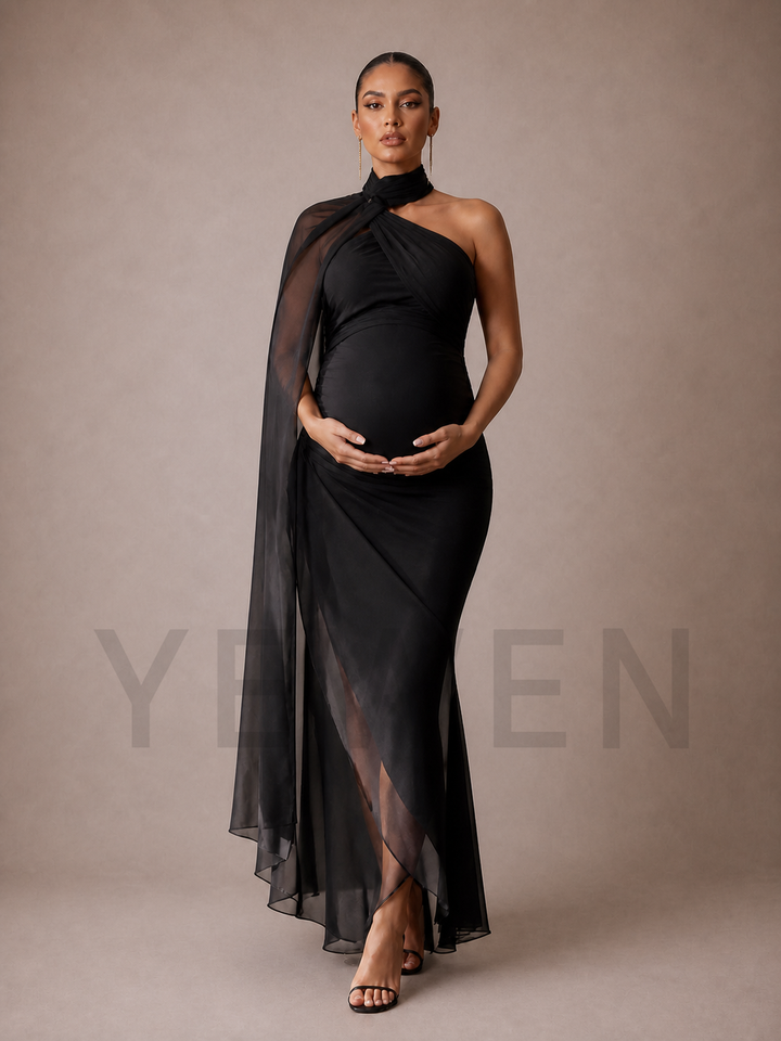 Black Maternity Baby Shower Dress Asymmetric Gown with Sheer Cape Overlay ZX013