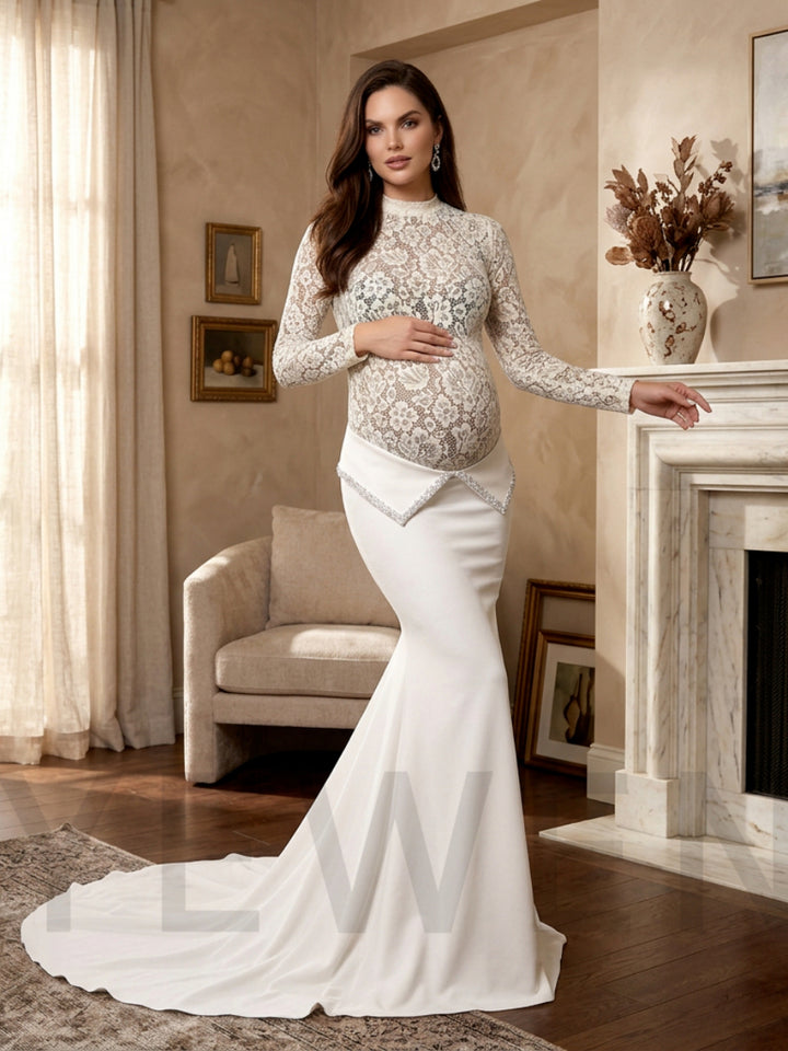 Ivory Mock Neck Sheer Lace Mermaid Maternity Photoshoot Gown YD260927