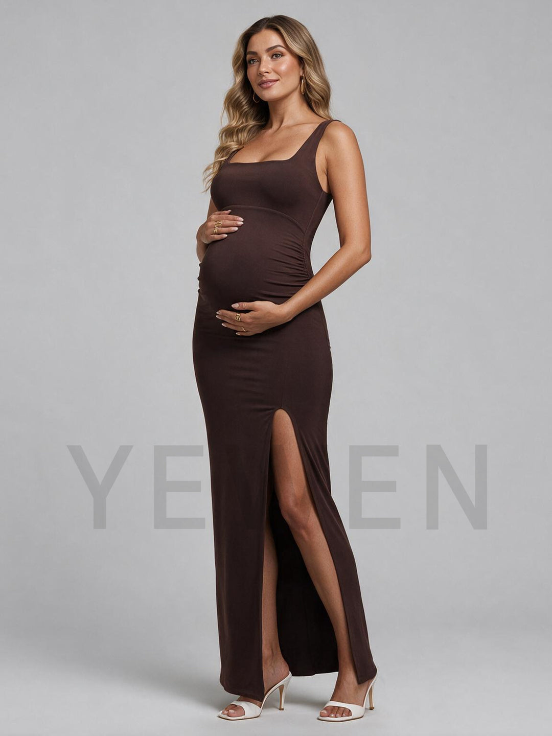 Square Neck Fitted Sleeveless High Slit Maternity Baby Shower Dress