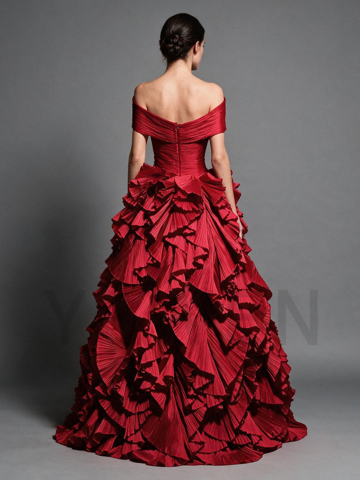 Red Off-Shoulder Criss-Cross Pleated Tiered Christmas Dress YW2610093