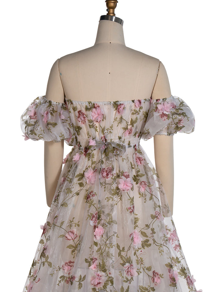 Pink Floral Rose Organza Dress Puff Short Sleeve Photography Dress Client Closet YW240046