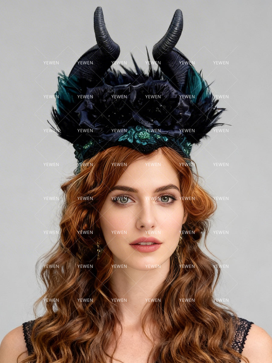 Hair Accessories Gorgeous Maleficent Style Horned Headdress for Parties and Weddings Beautiful Black Flowers Hat Fascinator YW2603172D