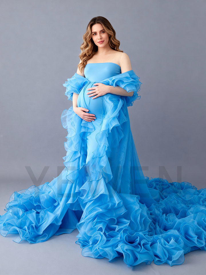 Custom Made Maternity Photoshoot Robe Elegant Pregnancy Photography Gown Flowing Organza Dress for Photo Shoot