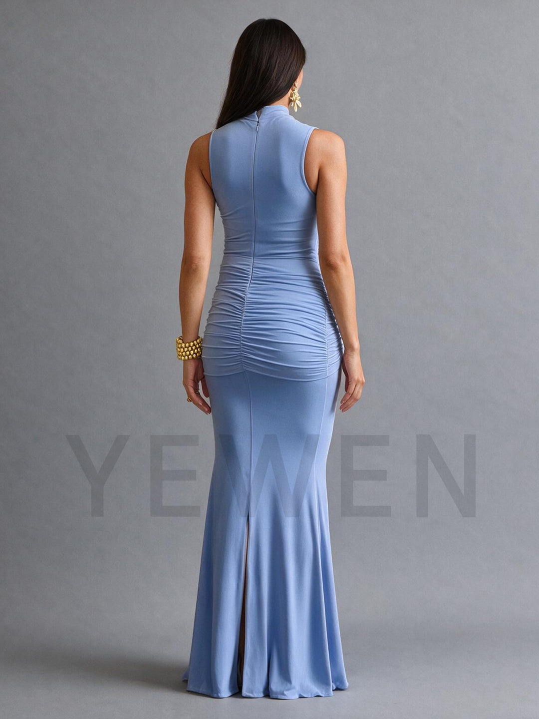 High Neck Fitted Maternity Dress for Baby Shower with Draped Tie Waist