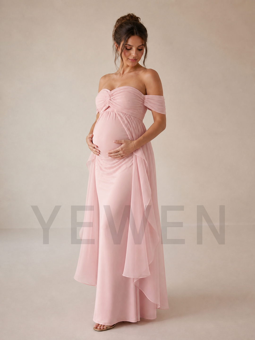 Light Pink Off Shoulder Maternity Gown with Ruffle Train for Baby Shower ZX001