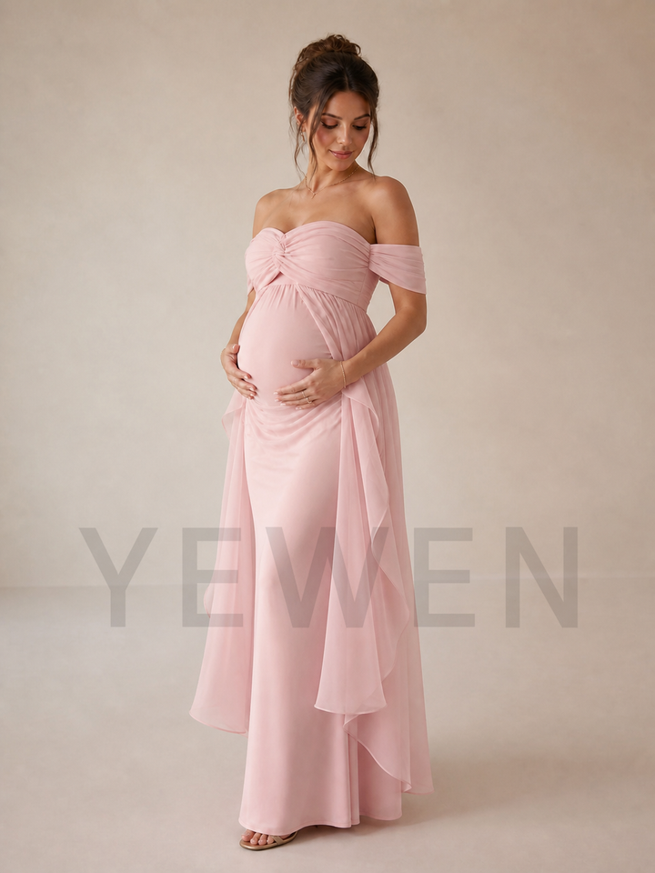 Light Pink Off Shoulder Maternity Gown with Ruffle Train for Baby Shower ZX001
