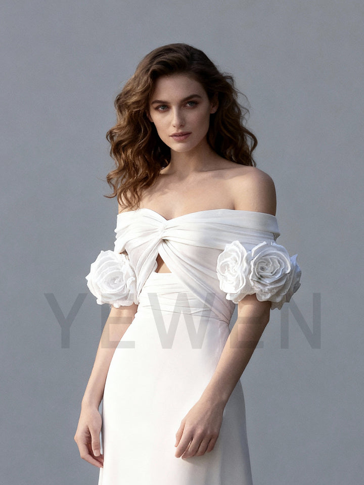 Charming Off Shoulder Wedding Dress Delicate Handmade 3D Flowers Shoort Sleeves Bridal Gown