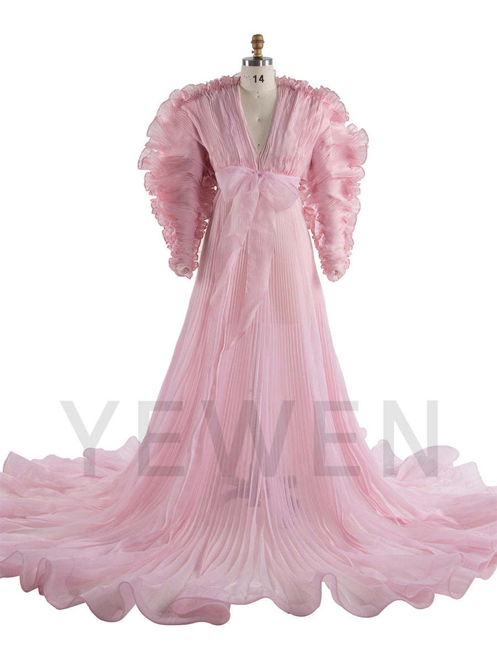 V Neck Pleated Organza Maternity Dresses for Photoshoot Big Skirt Sheer Dress for Maternity Baby Shower YW250013