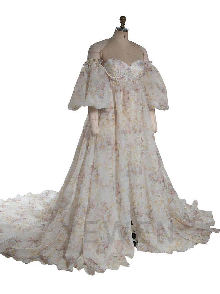 High Waist Printed Floral Organza Dresses for Baby Shower Maternity Gown for Photo Shoot  YW221105-3