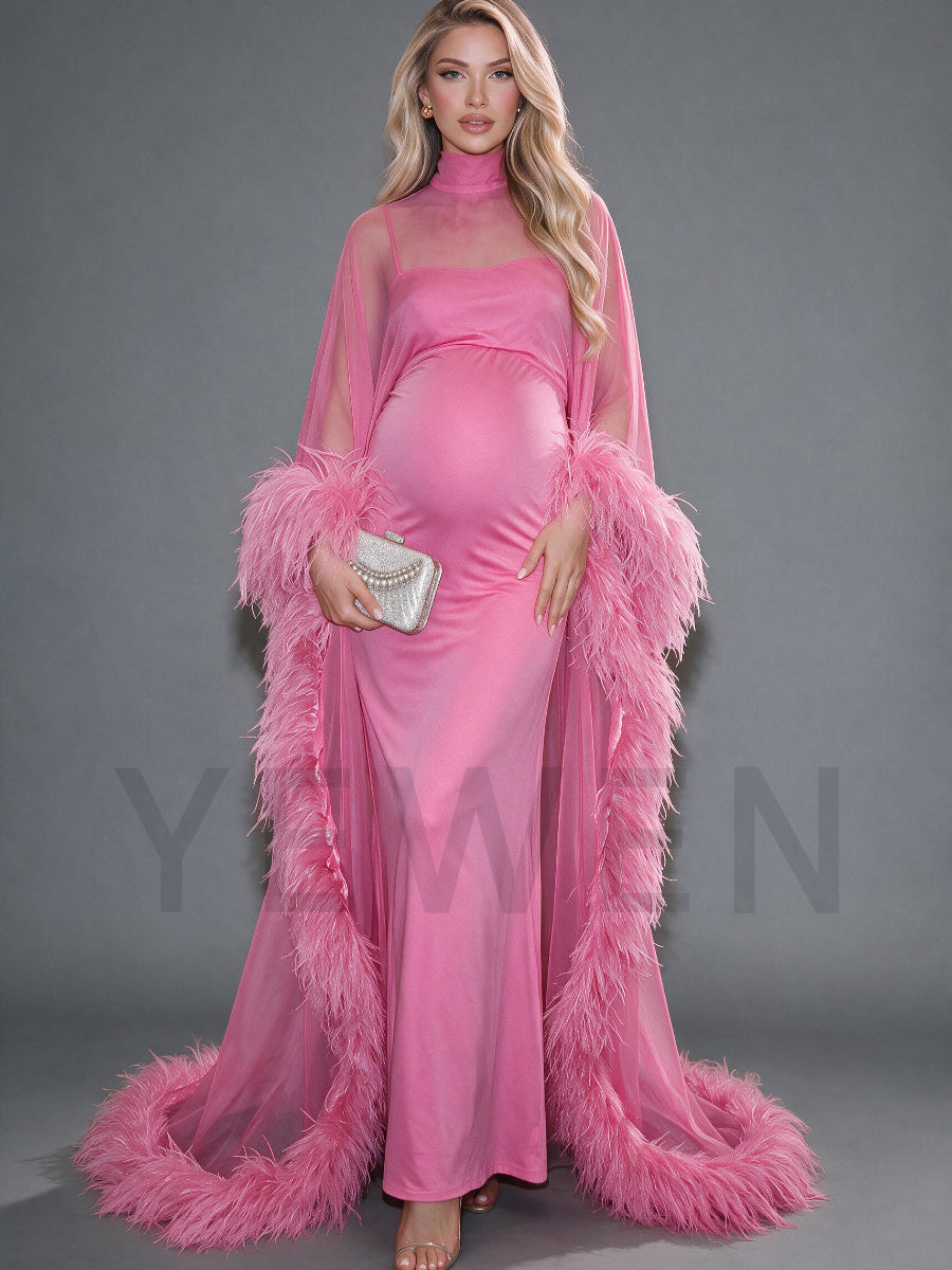 Pink Ostrich Feather Cape Maternity Baby Shower Dress YD260834