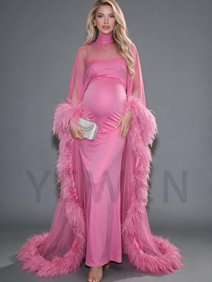 Pink Ostrich Feather Cape Maternity Baby Shower Dress YD260834