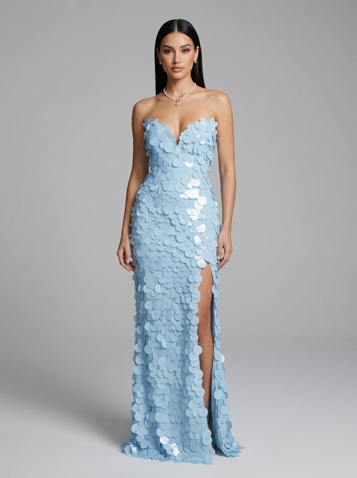 High Slit Fitted Paillette Sequin Strapless Prom Dress YD261025