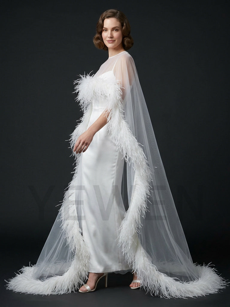 Luxurious Ostrich Feather Sheer Cape Sweetheart Evening Gown YD261011