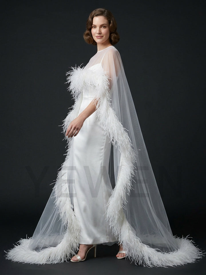 Luxurious Ostrich Feather Sheer Cape Sweetheart Evening Gown YD261011