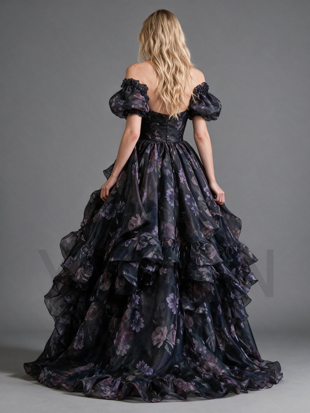 Black Purple Floral Tiered Ruffle Puff Sleeve Princess Dress YW2610151