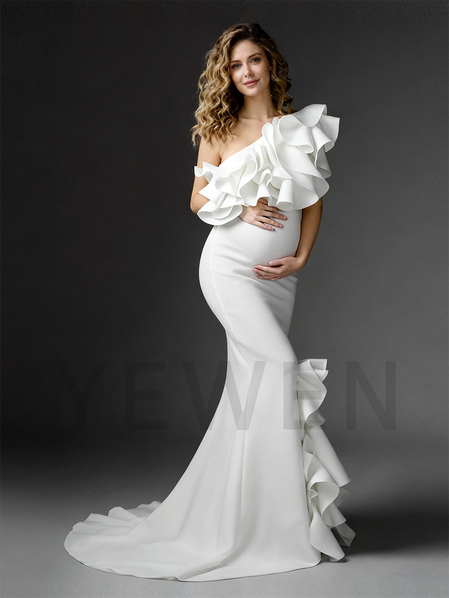 One Shoulder Rullfes Mermaid Maternity Dress Pregnant women Gown for Photo Shoot