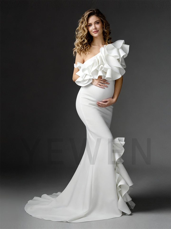 One Shoulder Rullfes Mermaid Maternity Dress Pregnant women Gown for Photo Shoot
