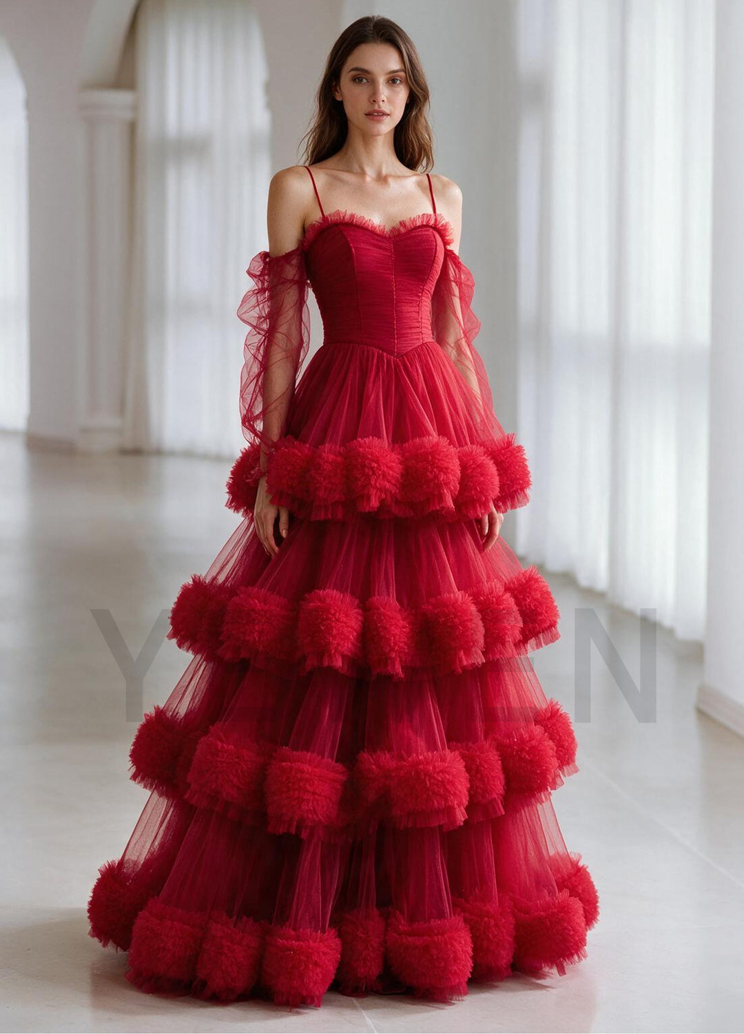 Off-Shoulder Puff Sleeve Evening Gown with Pom-Pom Tiered Skirt YX004