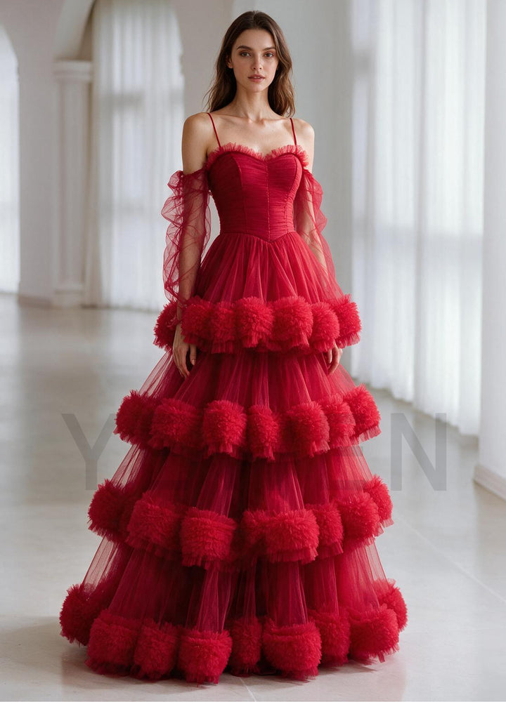 Off-Shoulder Puff Sleeve Evening Gown with Pom-Pom Tiered Skirt YX004