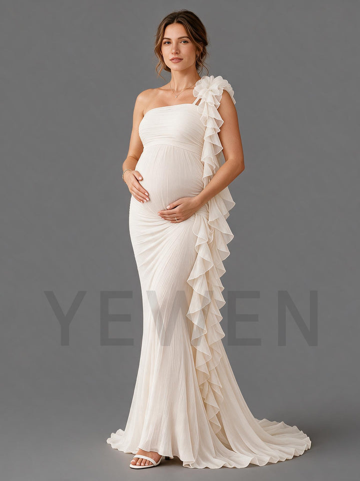 Cream Pleated Chiffon Maternity Gown One Shoulder Cascading Ruffle Baby Shower Dress