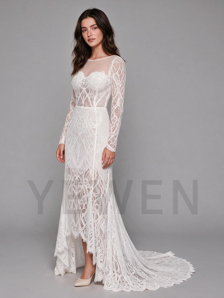 Ivory Sheer High Neck Full Lace Boho Wedding Dress with High-Low Hem