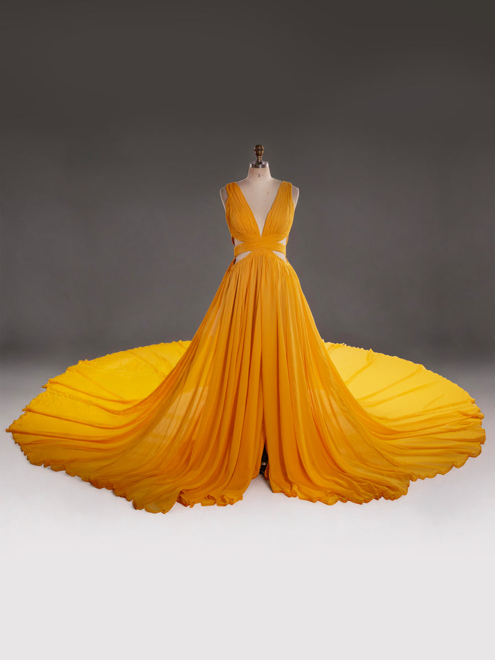 Flowy Yellow Flying Dress for Photography Flying Gown with Endless Train YW260326