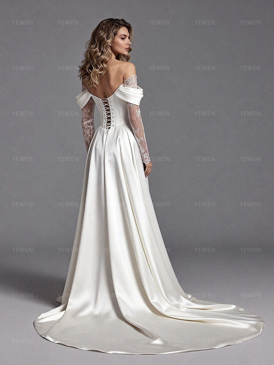 Off Shoulder Wedding Dress Long Sheer Lace Sleeves Bridal Gown