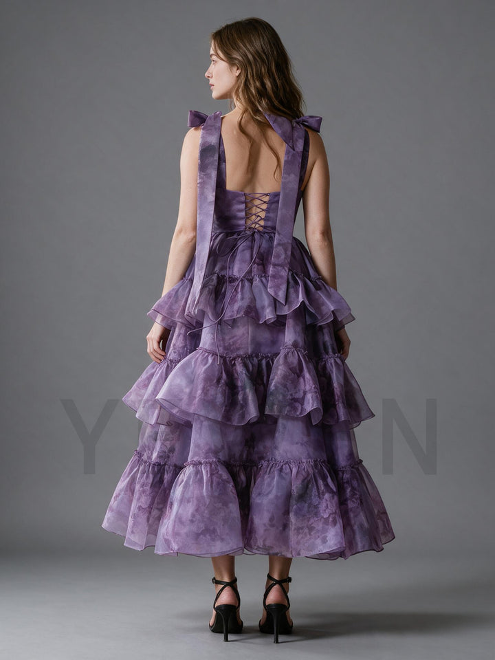 Purple Watercolor Floral Tiered Ruffle Princess Dress YW2610165