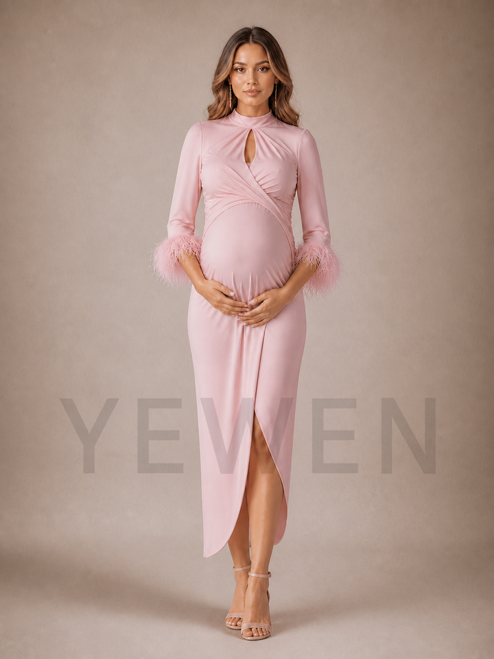 Pink Maternity Baby Shower Dress Mock Neck Wrap Gown with Feather Trim ZX010