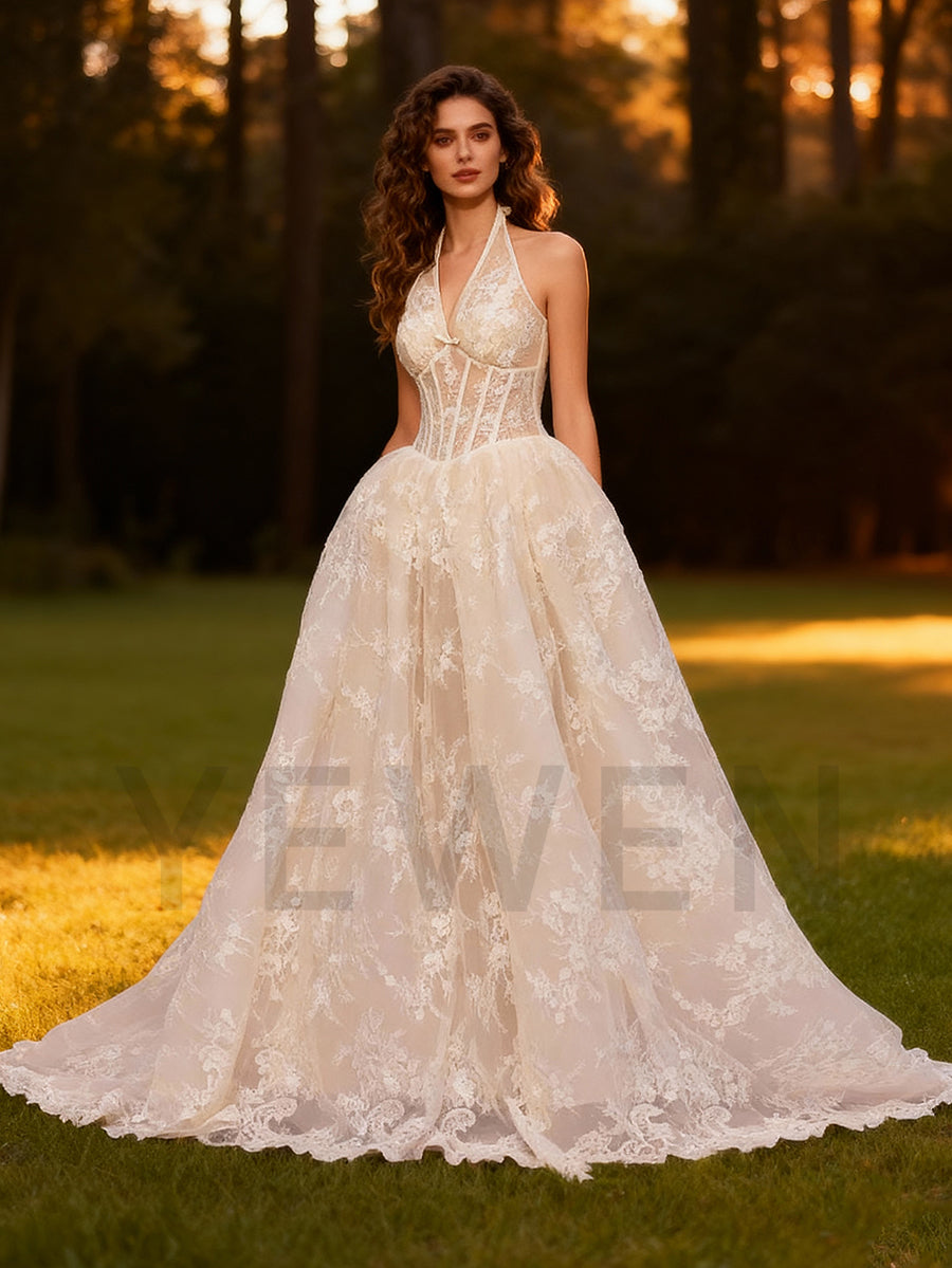 Romantic Halter V Neck Wedding Dress A Line Lace Bridal Gown