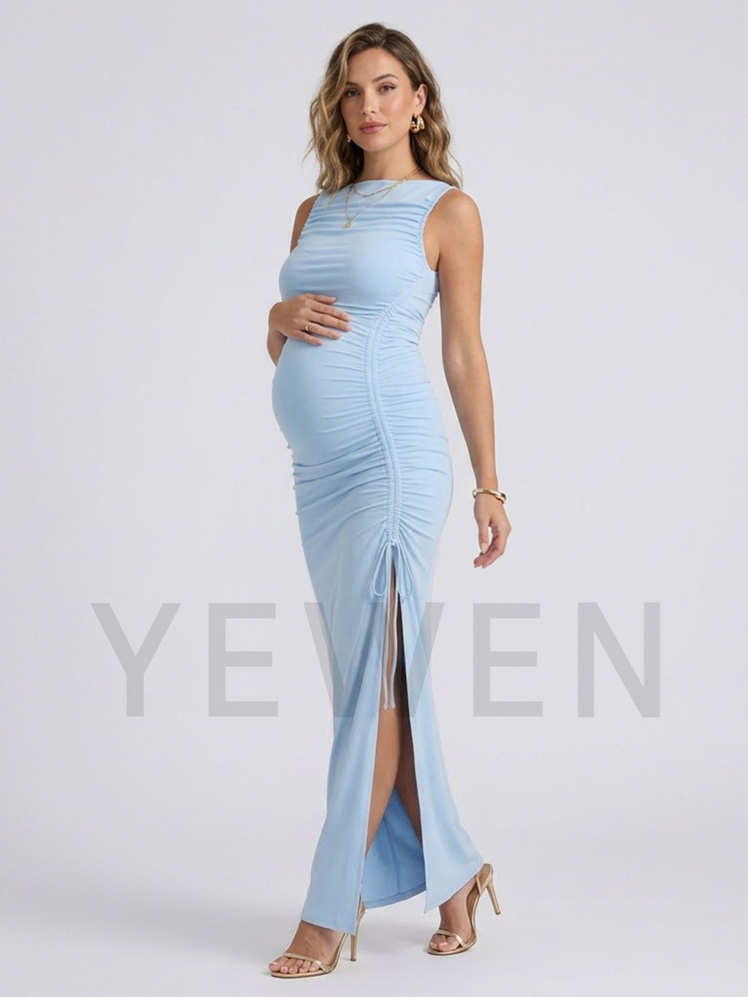 Sleeveless Ruched High Slit Maternity Dress for Baby Shower YM261004