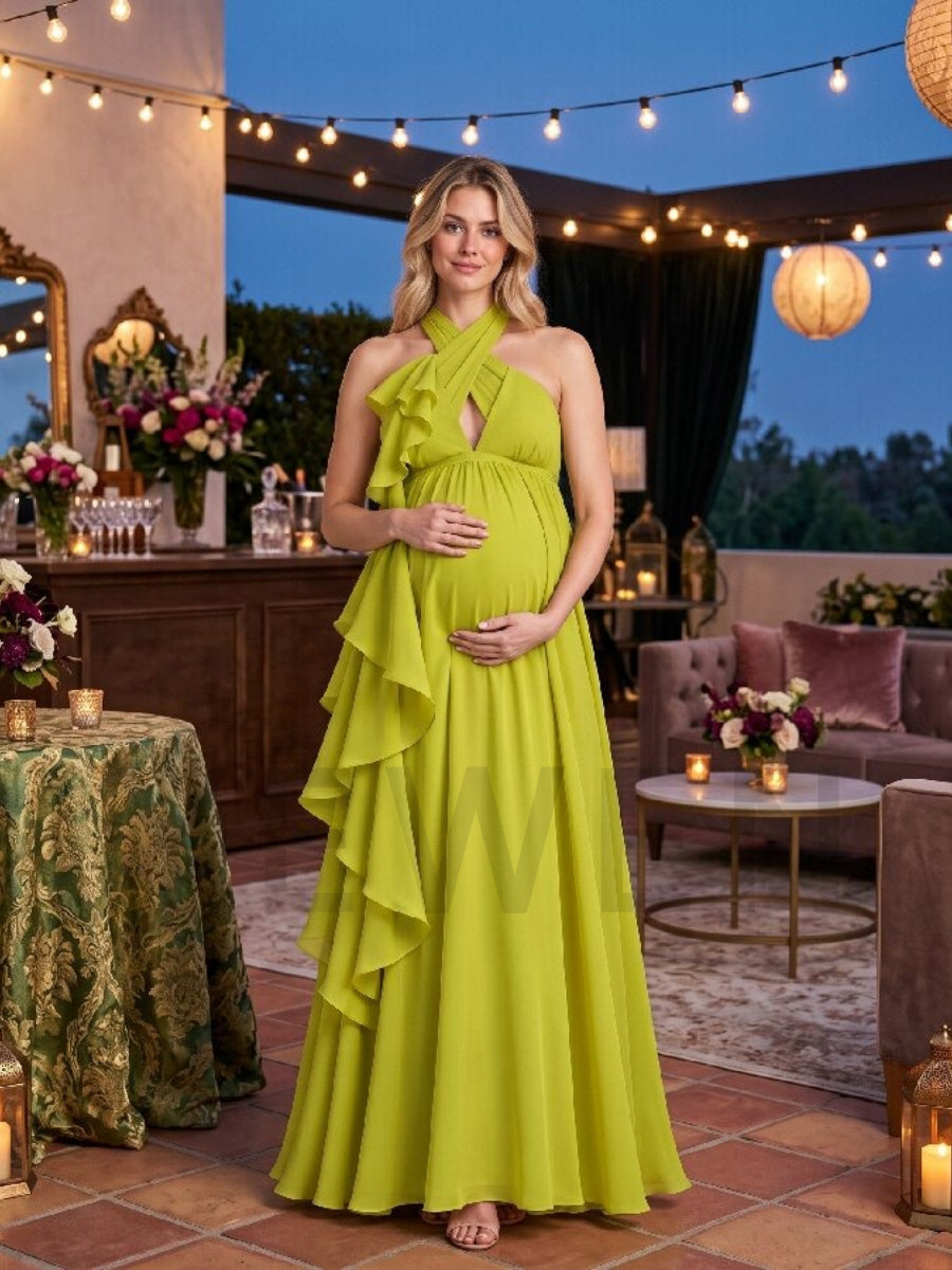 Criss-Cross Halter Chiffon Ruffle Maternity Baby Shower Dress L-26934