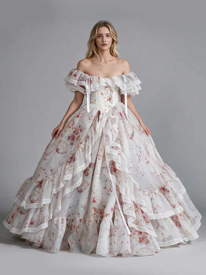 Floral Print Lace Off-Shoulder Tiered Ruffle Princess Dress YW26101411