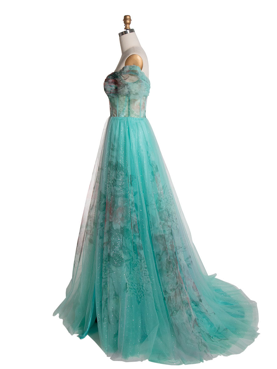 Elegant Aqua Floral Printed Off-Shoulder Prom Dress YE3022 Elegant Aqua Floral Printed Off-Shoulder Prom Dress YE3022