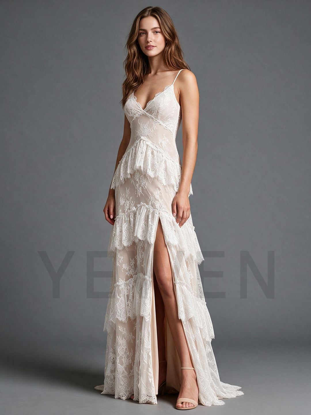 Ivory Spaghetti Strap V-Neck Lace Wedding Dress with Tiered Ruffle Skirt