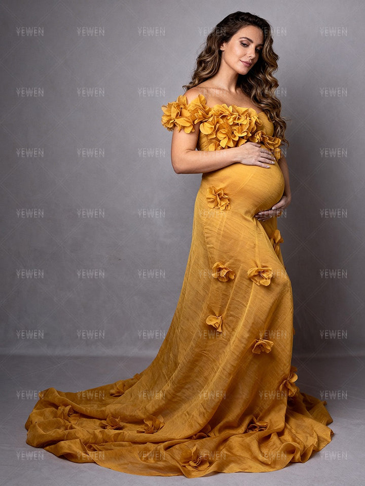 Maternity Dress for Photo Shoot 3D Floral Appliques Pregnancy Dress for Baby Shower
