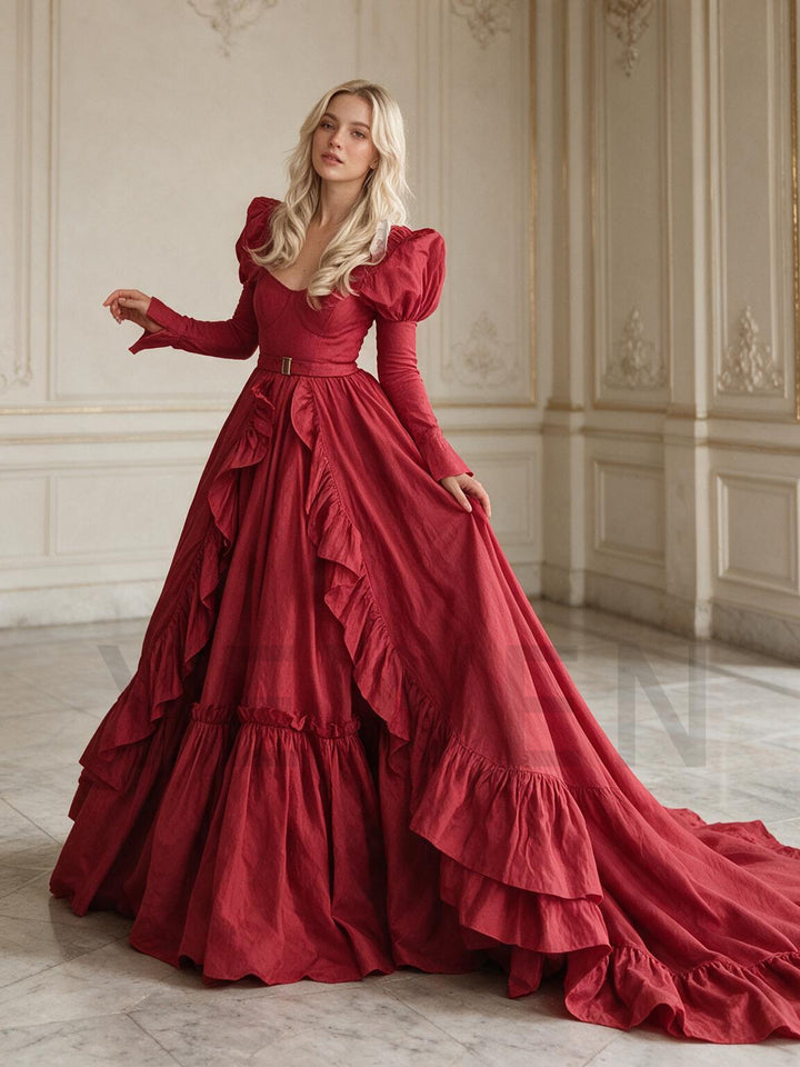 Burgundy Square Neck Puff Sleeve Corset Christmas Dress YW2610095