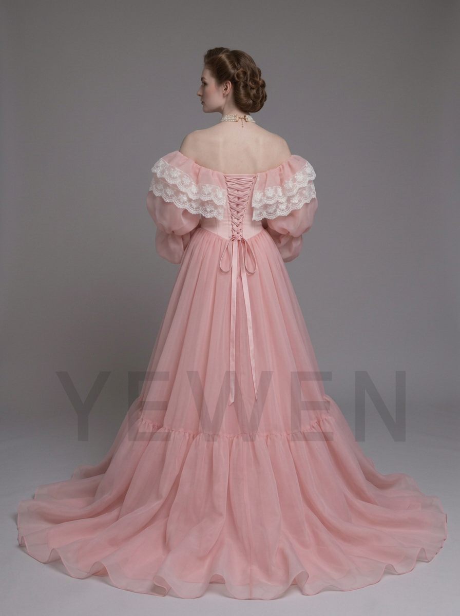 Off-Shoulder Lace Ruffle Puff Sleeve Corset Princess Dress YD260921
