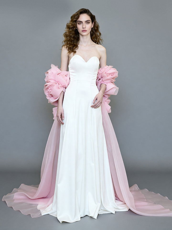 Fashion Formal Dress with 3D Flower Long Cape Wedding Party Gown