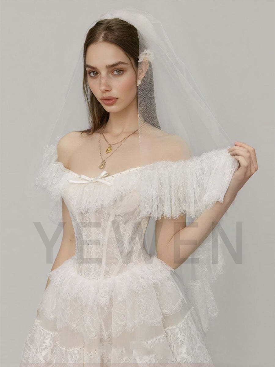 Bridal Wedding Dresses Strapless Lace bohemian Wedding Dress Layer Ruffles Long Customized Gown