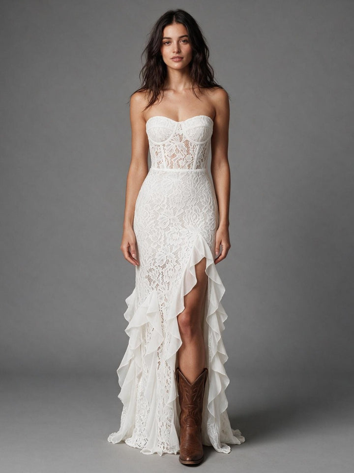 Ivory Strapless Wedding Dress with Sheer Lace Corset and Tiered Ruffle Skirt