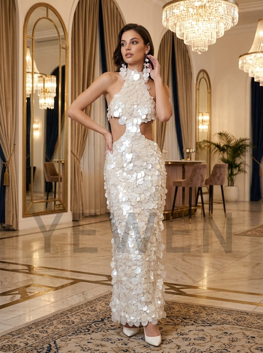 Halter Sequin Evening Dress with Cutout Waist and Long Skirt YD261001